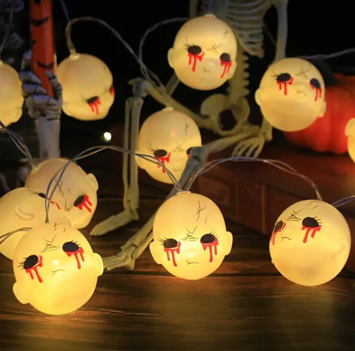 10 LED Scary Face String Lights With Glowing Eyes & Hanging Doll Heads