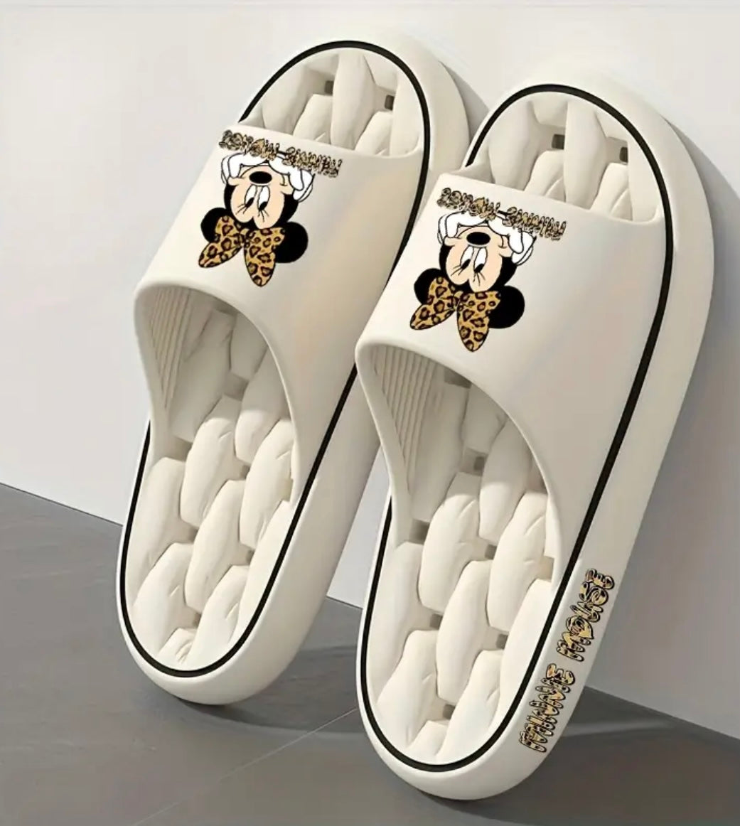 Womens Minnie Sliders With Leopard Bow