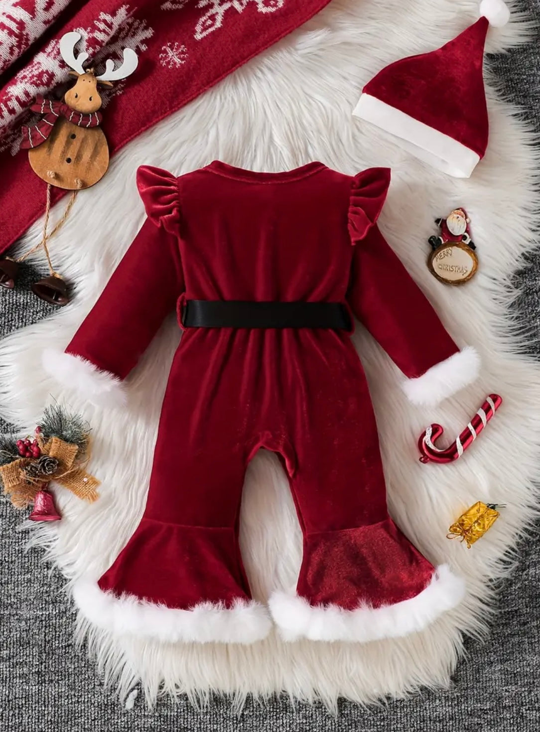 Baby Girls Red Velvet Santa Baby Jumpsuit With Bell-Bottom Legs & Hat