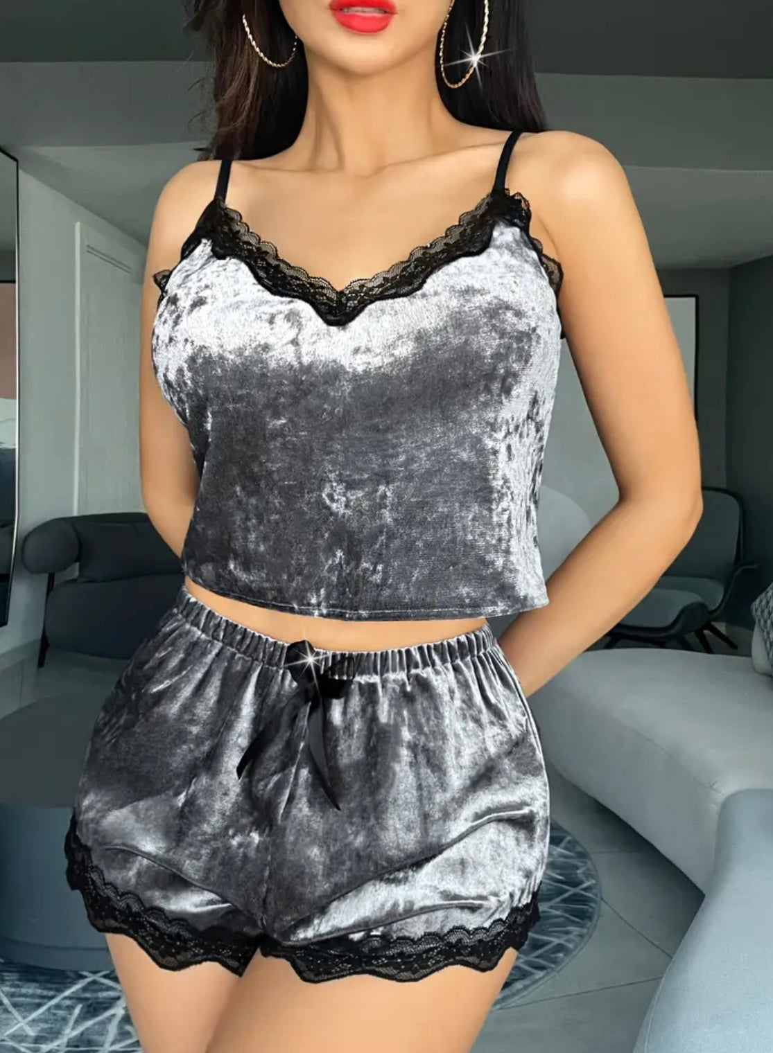 Womens Velvet Pajama Shorts & Cami Top