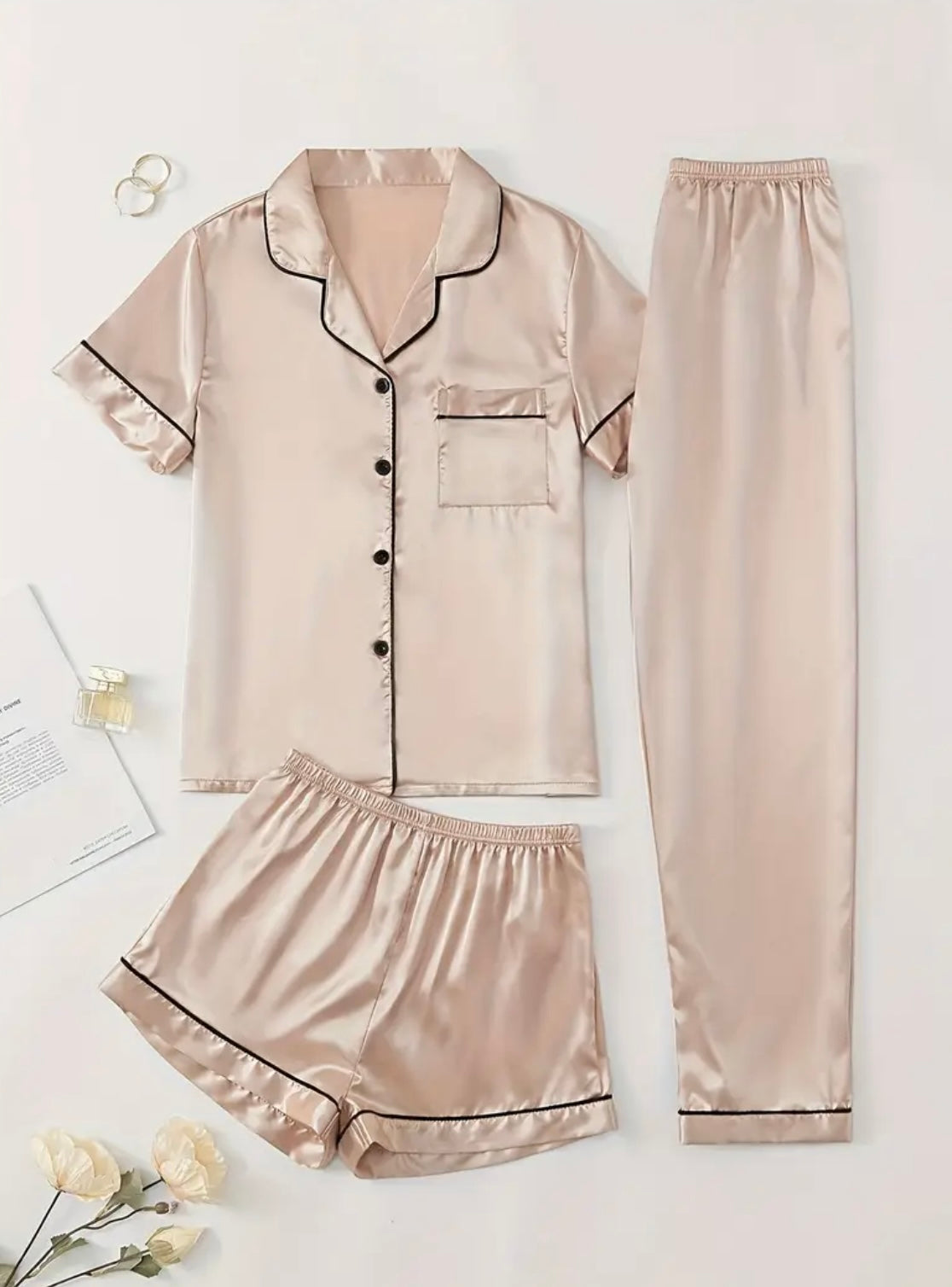 Womens Three-Piece Silk Pajama Set