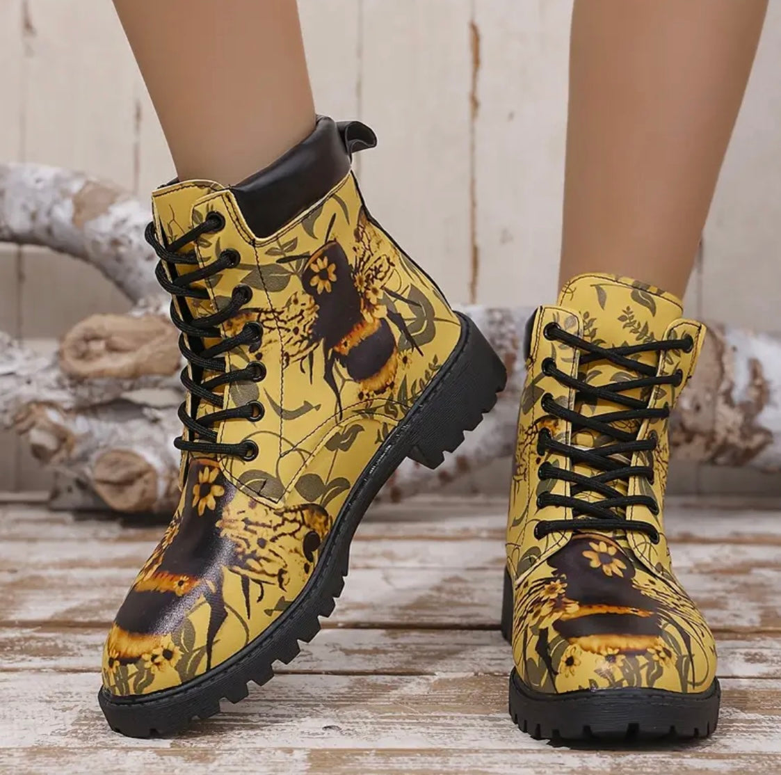 Womens Chunky Heel Lace Up Animal Print Boots