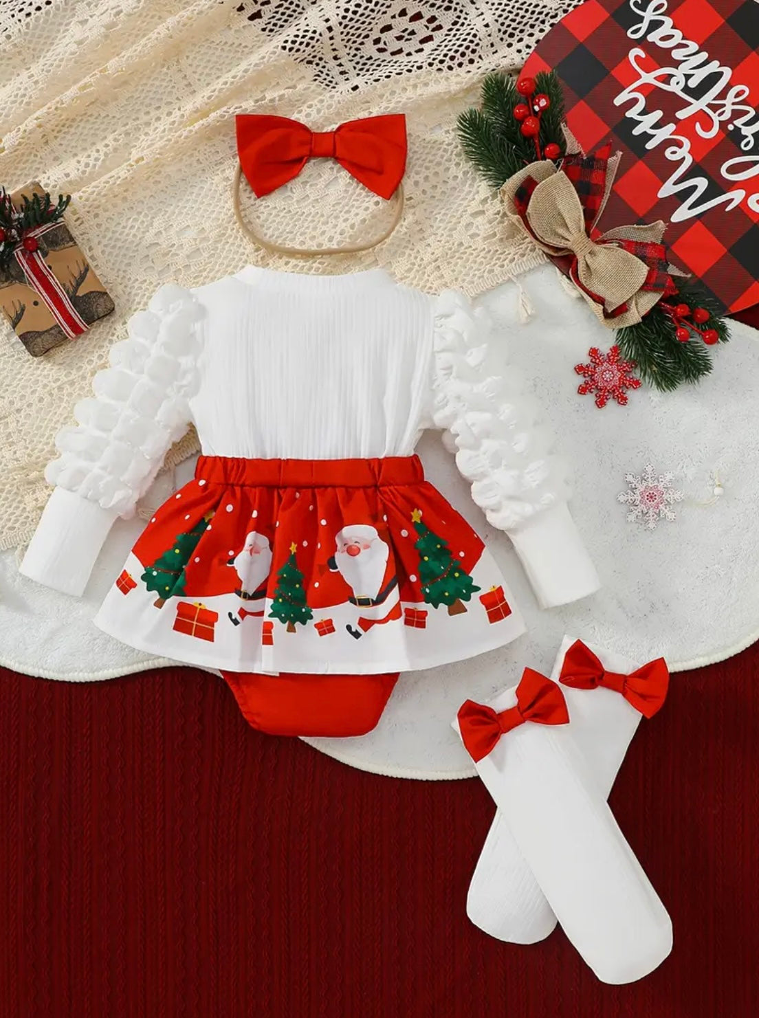 Baby Girls 3 Pack Puff Sleeve Christmas Cartoon Romper, Sock & Headband