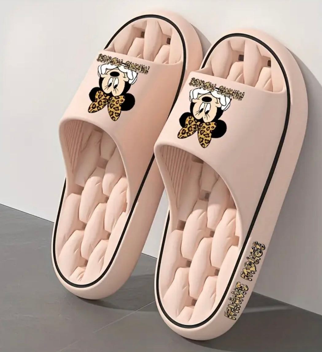Womens Minnie Sliders With Leopard Bow