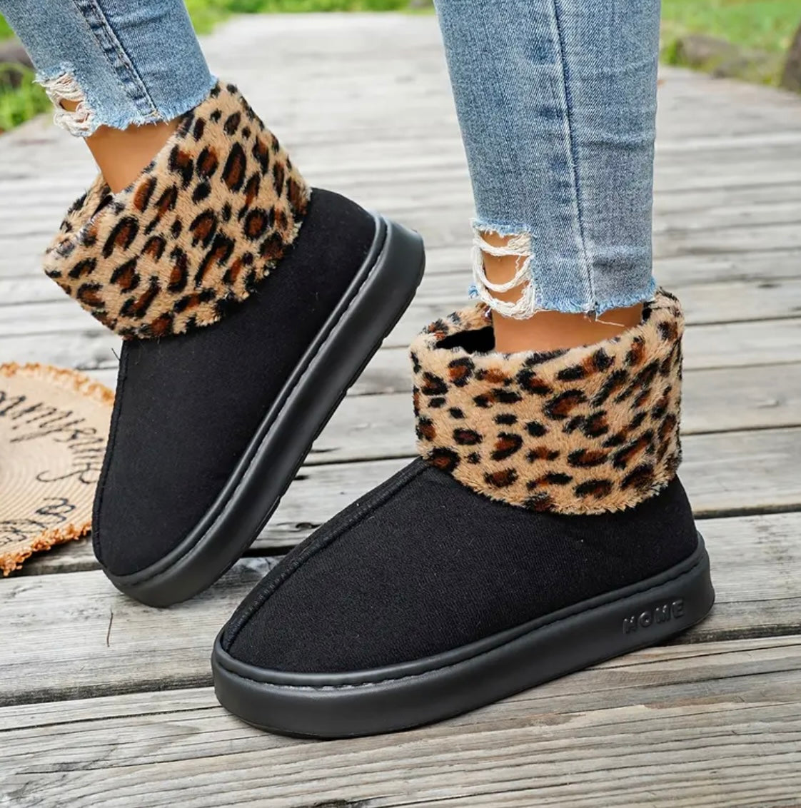 Womens Winter Plush With Leopard Print Boots