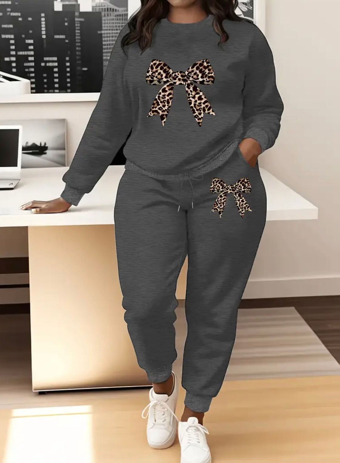 Womens Curve Leopard Bow Tracksuit