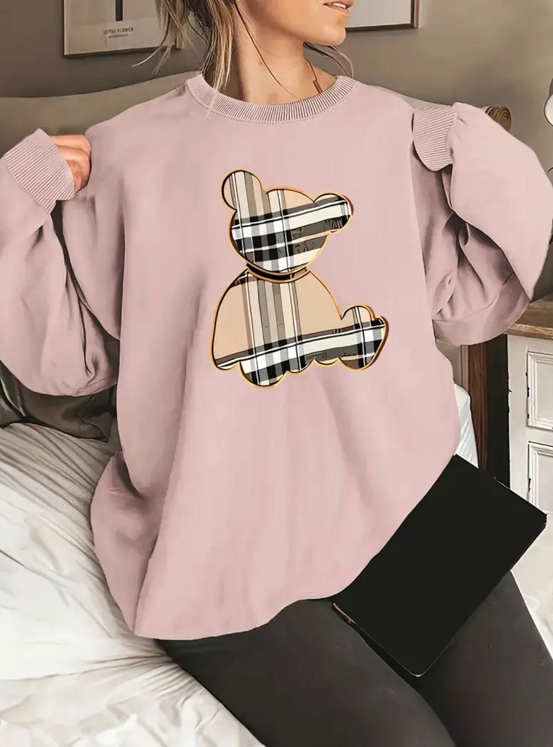 Womens Curve Plaid Bear Jumper