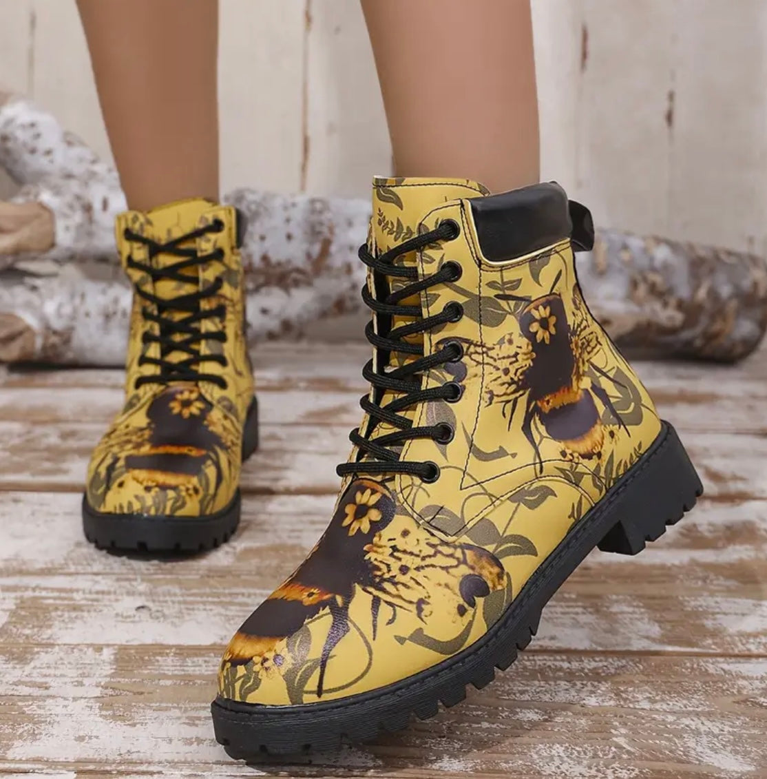 Womens Chunky Heel Lace Up Animal Print Boots