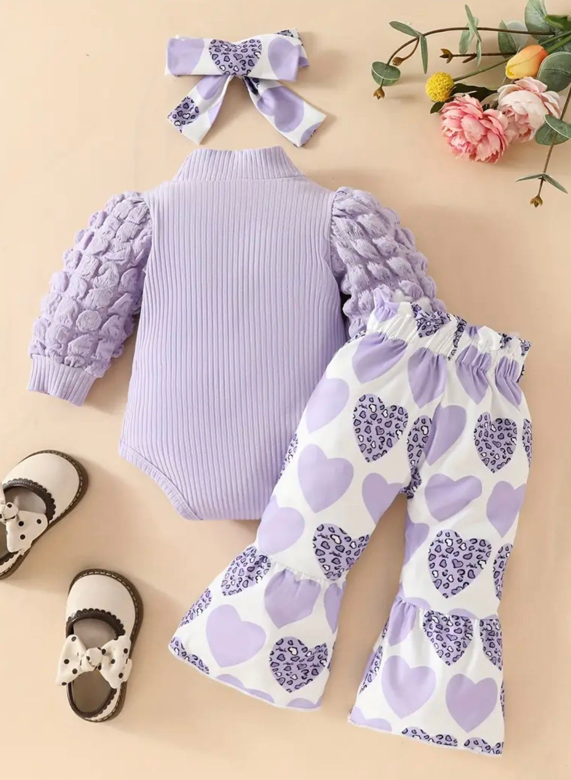 Baby Girls Long Sleeve Ruffled Vest, Heart Pattern Bell Bottom Trousers & Headband