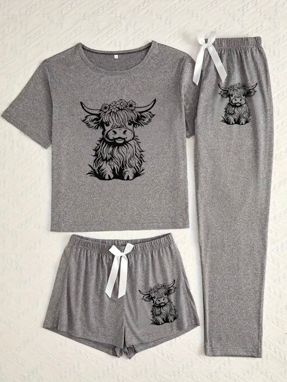 Womens 3 Piece Highland Cow Pajama Set