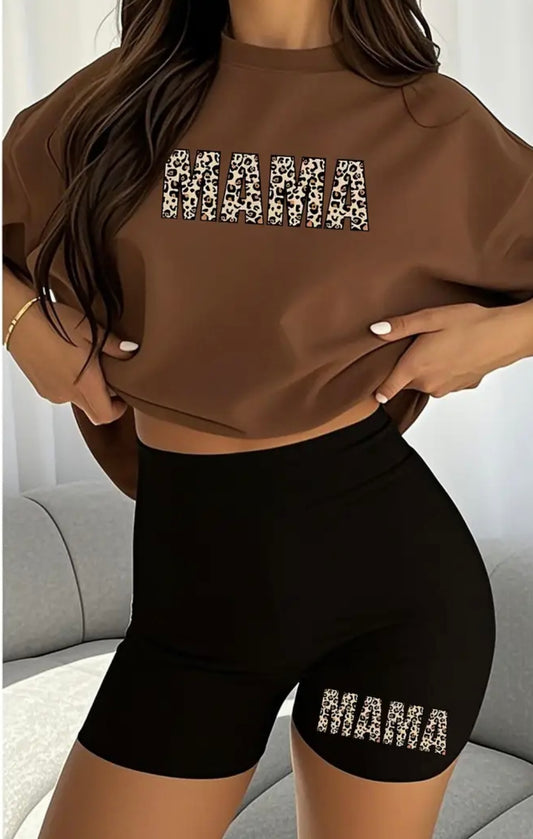 Womens Leopard Print Mama Shorts & T-Shirt