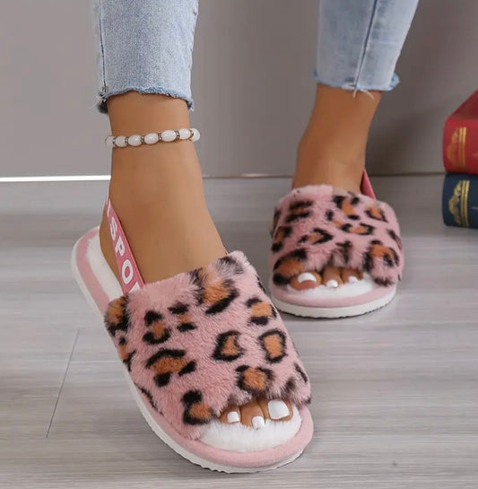 Womens Leopard Print Plush Slippers