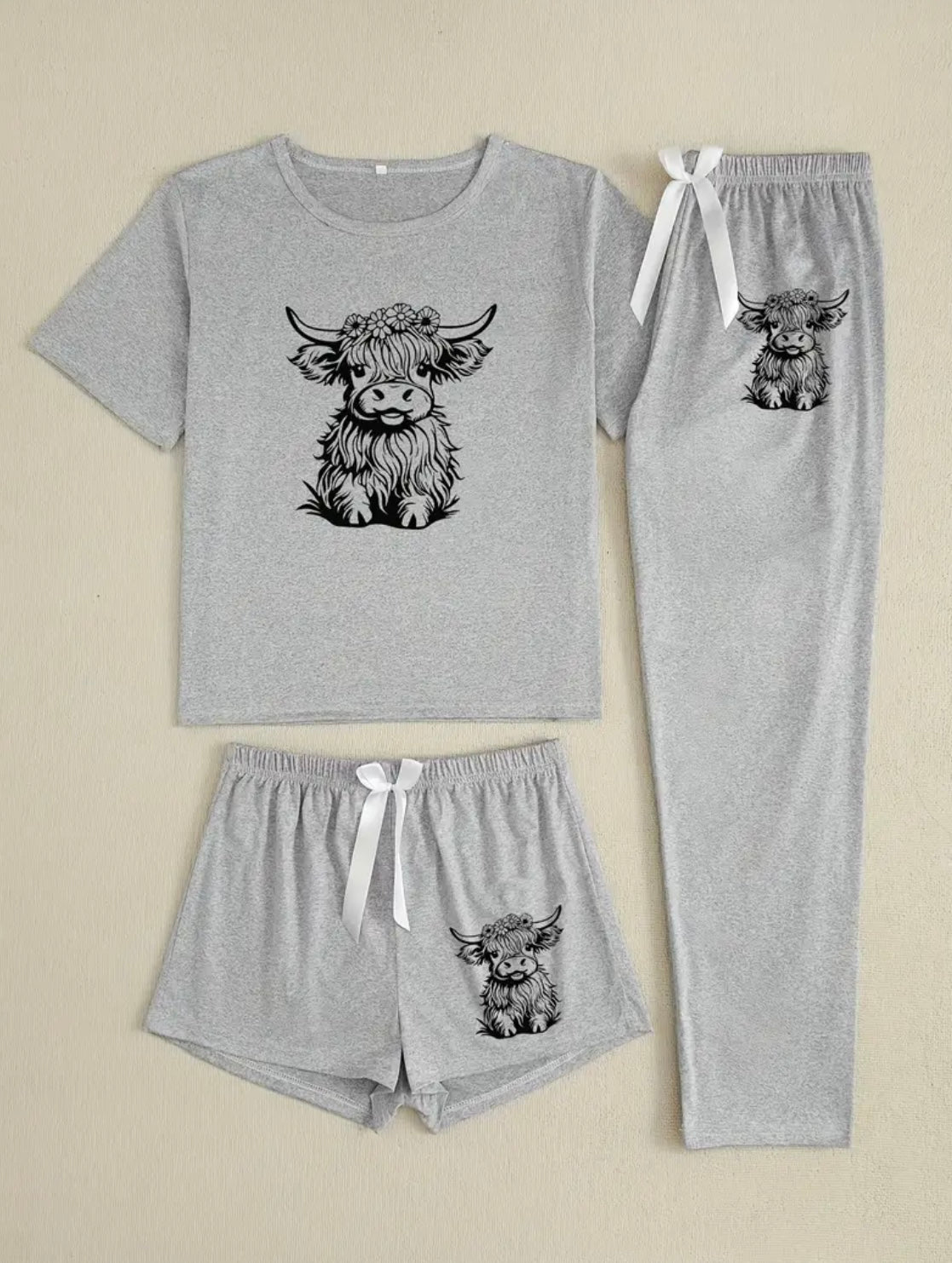Womens 3 Piece Highland Cow Pajama Set