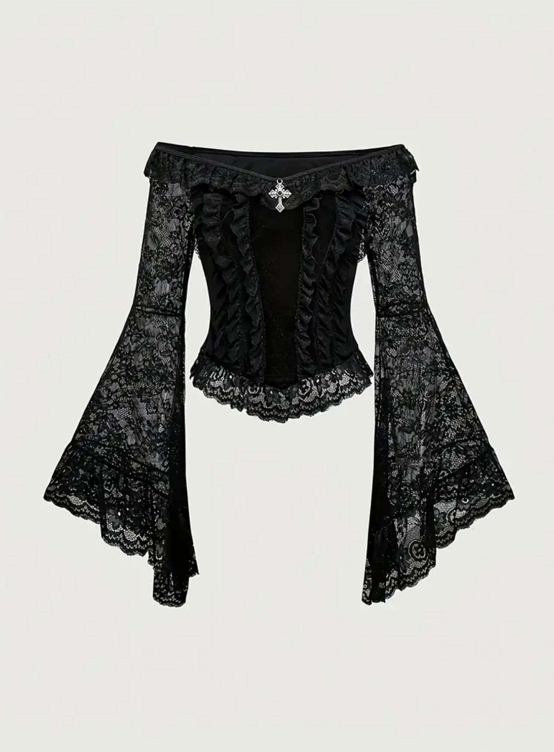 Womens Gothic Off-Shoulder Lace Bell Sleeve Blouse