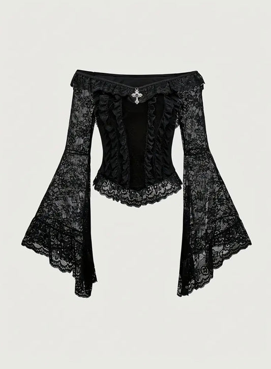 Womens Gothic Off-Shoulder Lace Bell Sleeve Blouse