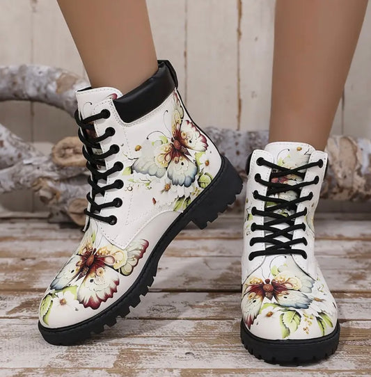 Womens Chunky Heel Lace Up Animal Print Boots