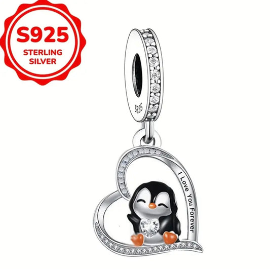 S925 Penguin Heart Shaped Charm
