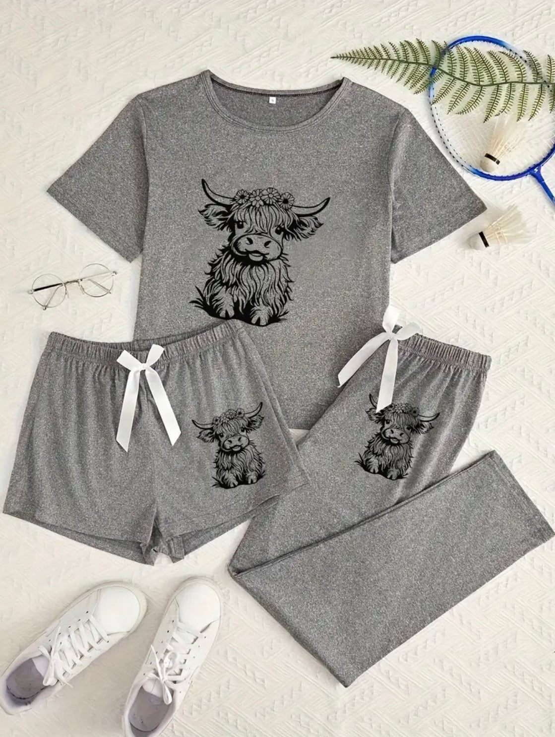 Womens 3 Piece Highland Cow Pajama Set