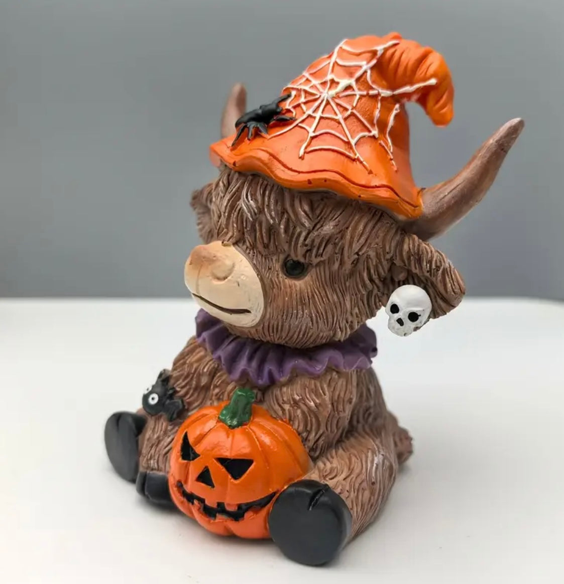 Highland Cow Halloween Figurine With Pumpkin & Spider