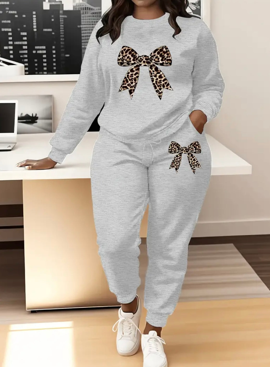 Womens Curve Leopard Bow Tracksuit