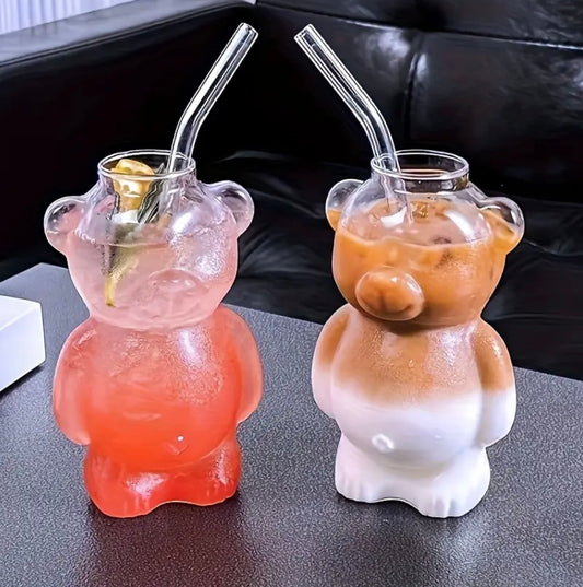 2 Pack Bear Glass Cup & Glass Straw
