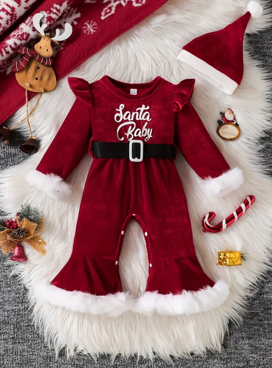 Baby Girls Red Velvet Santa Baby Jumpsuit With Bell-Bottom Legs & Hat