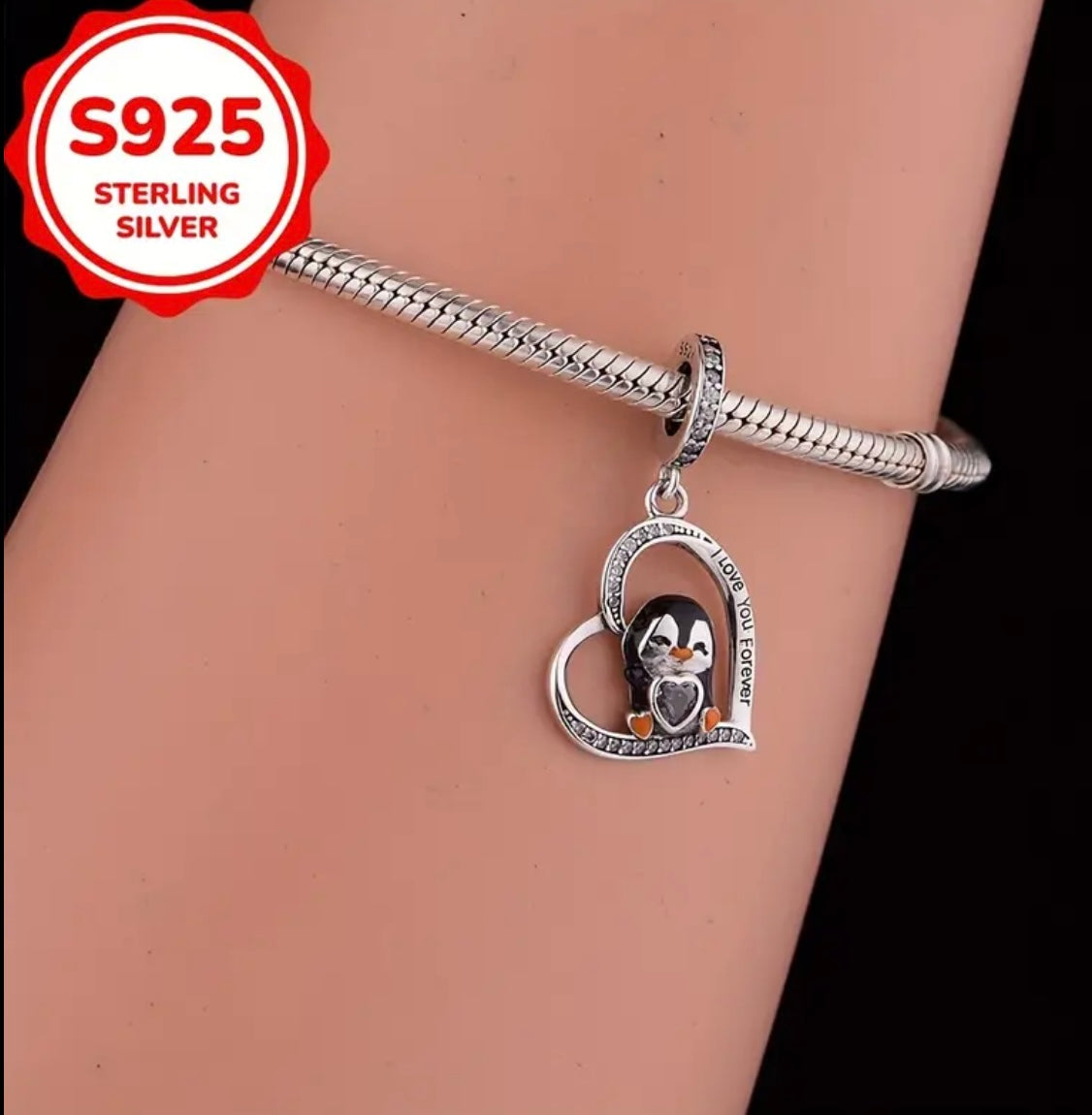S925 Penguin Heart Shaped Charm