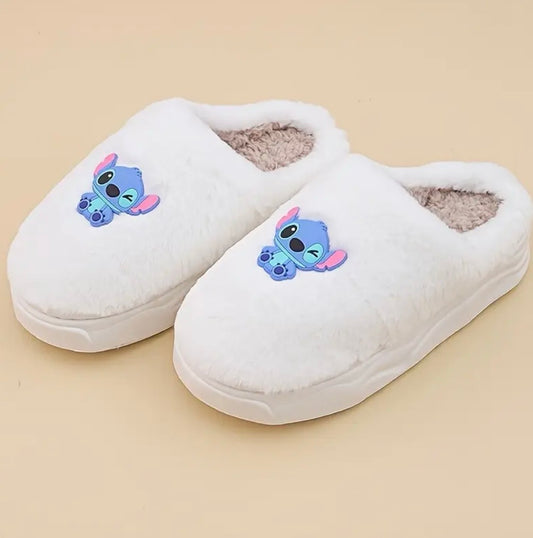Womens Blue Stitch Plush Slippers