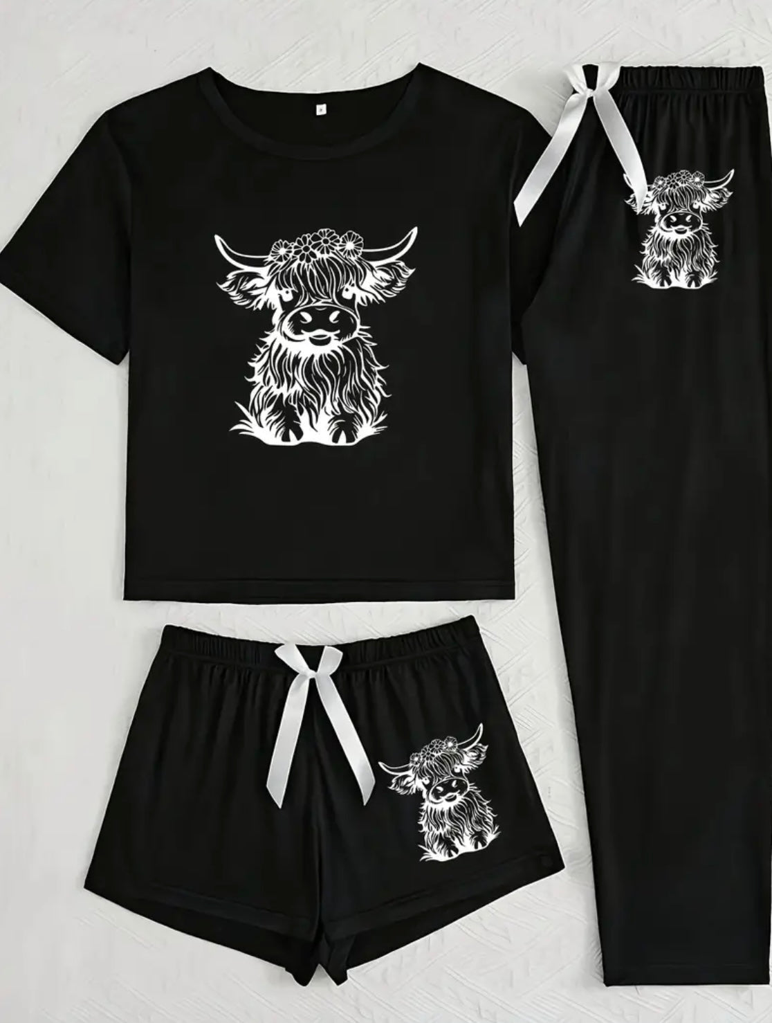 Womens 3 Piece Highland Cow Pajama Set