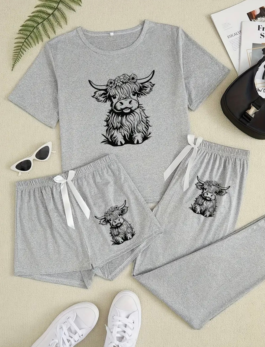 Womens 3 Piece Highland Cow Pajama Set