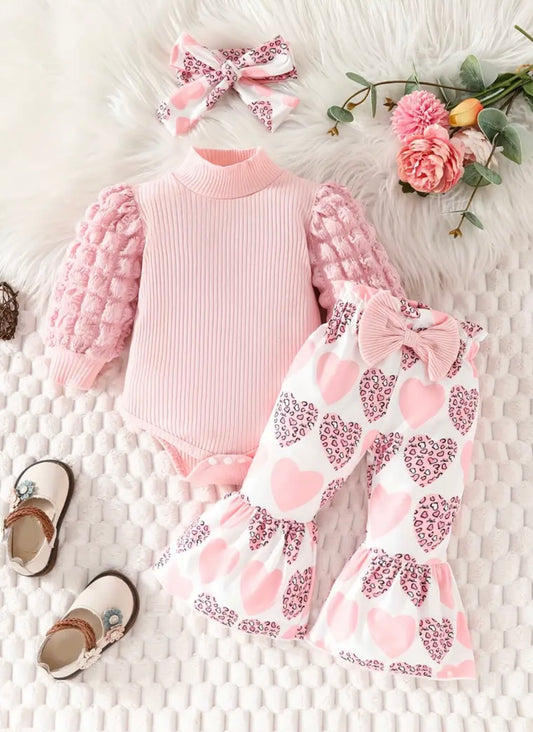 Baby Girls Long Sleeve Ruffled Vest, Heart Pattern Bell Bottom Trousers & Headband