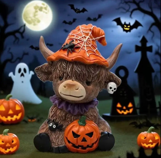 Highland Cow Halloween Figurine With Pumpkin & Spider