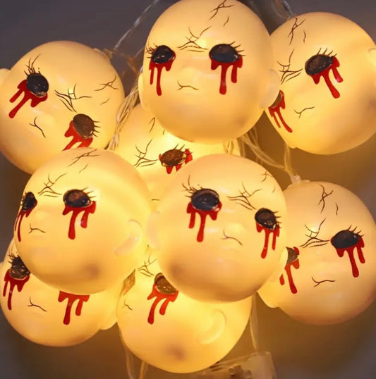 10 LED Scary Face String Lights With Glowing Eyes & Hanging Doll Heads