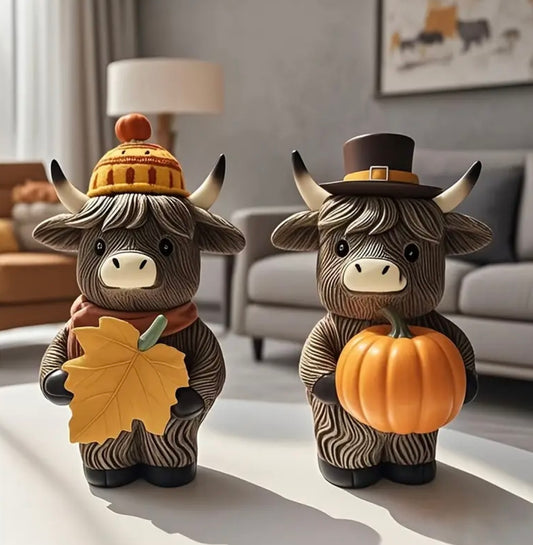 2 Pack Highland Cow Halloween Figurines With Pumpkin & Maple Leaf