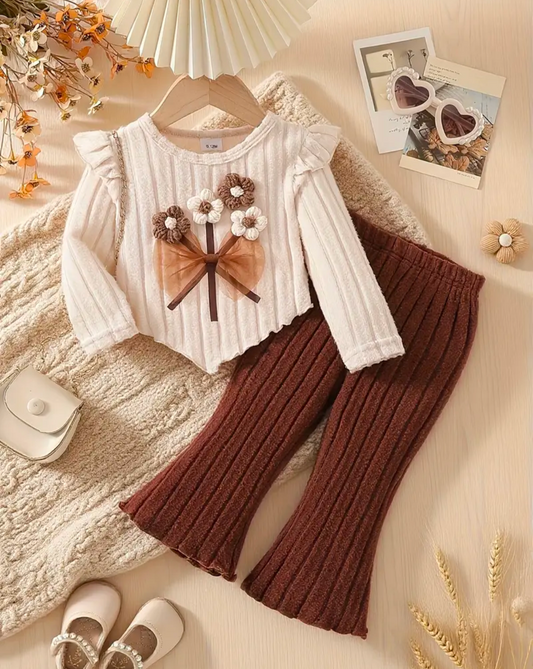 Baby Girls Bow & Flowers Top & Flared Trousers